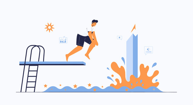 Man jumping from diving board into water with abstract financial graph symbolizing growth and success