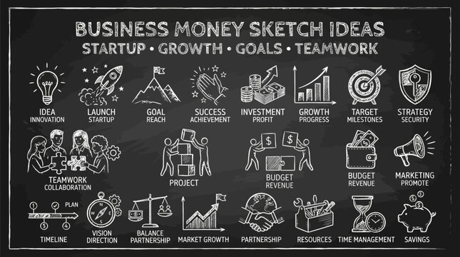 A blackboard illustration of business money sketch ideas for startup growth and teamwork