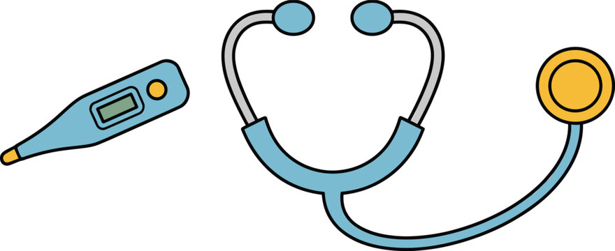 Medical stethoscope and digital thermometer icon set for healthcare diagnosis clinic checkup hospital treatment equipment template vector