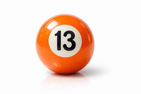 Orange billiard ball number 13 on white background, glossy pool game object closeup shot