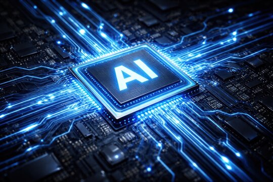 Artificial intelligence chip glowing on circuit board with data flow, modern digital technology concept