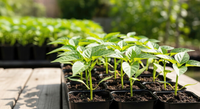 Green pepper seedlings growing in black plastic pots on wooden table under natural sunlight in a garden setting