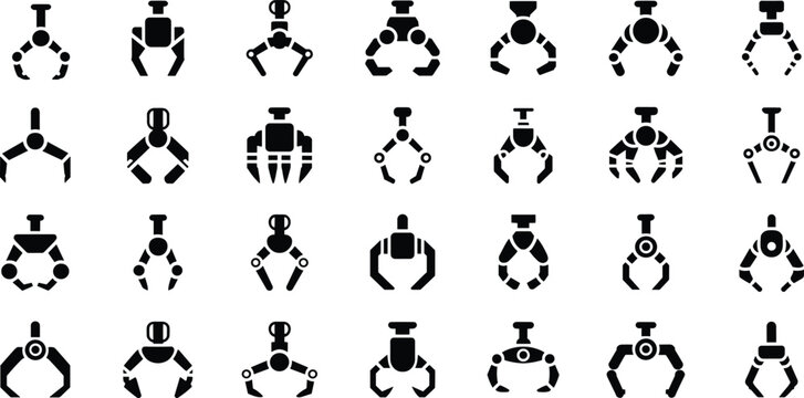 Robotic claw arm mechanical gripper icons set for industrial automation factory manufacturing engineering technology machine vector collectionRobotic claw arm mechanical gripper 