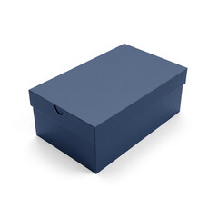 Naklejka premium Closed matte prussian blue two-piece cardboard shoe box isolated on white background, unbranded 8k high-definition product packaging mockup