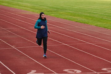 Fototapeta premium Female Athlete in Headscarf Running on Outdoor Track During Sprint Training Session