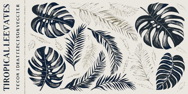 Tropical leaves vector illustration with detailed venation on a neutral background