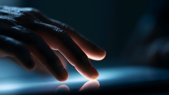 A human hand touches a reflective surface with dynamic backlighting emphasizing a modern technology focused mood