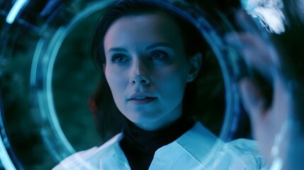 Fototapeta premium A stylish portrait of a woman framed by glowing blue digital rings evoking a futuristic and sophisticated atmosphere