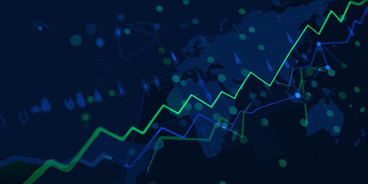 Line graph and world map vector illustration with a dark blue background