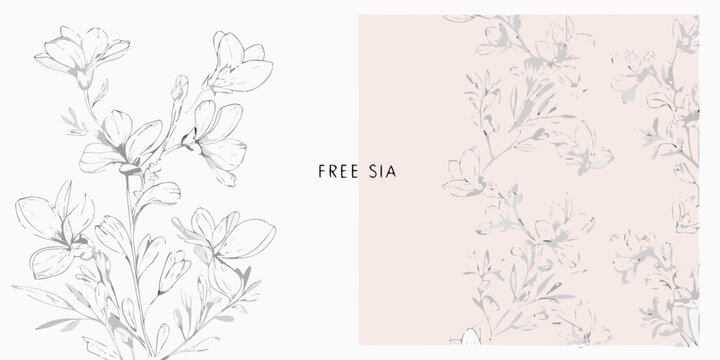 Freesia flower collection hand drawn vector illustration with a pale pink background