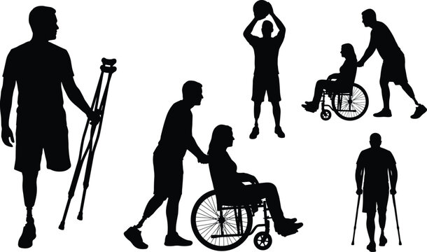 Set of black silhouettes representing disabled people with prosthetic legs using crutches and wheelchairs isolated on white