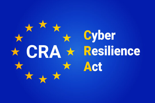 EU Cyber Resilience Act - CRA, representing European cybersecurity regulations and legal compliance over a flag of EU. vector illustration