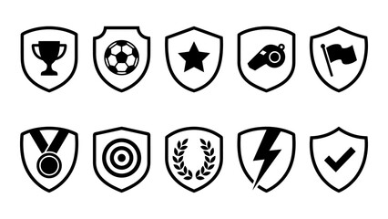 Sports and achievement shield icons set with trophy soccer ball star whistle medal target laurel wreath lightning bolt and checkmark vector © Sahabat