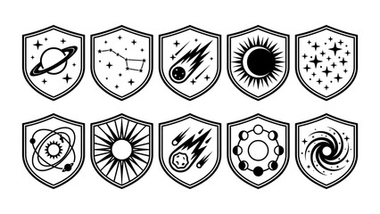 Vector space and astronomy shield badges set with planet constellation meteor eclipse sun moon phases and galaxy icons © Sahabat