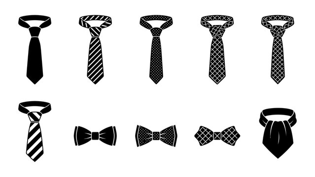 Necktie and bow tie vector icon set with striped checkered and polka dot patterns for business fashion design