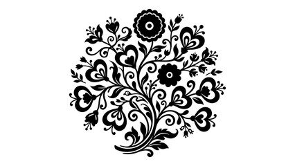 Traditional Slavic folk art floral ornament vector illustration with black silhouette flowers and hearts for decorative design © Sahabat
