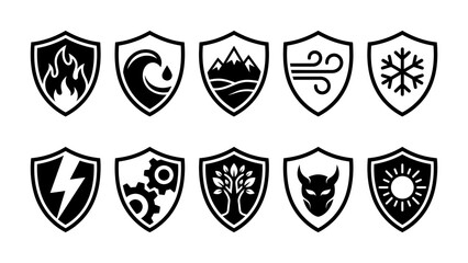 Obraz premium Vector shield icons set with elemental symbols of fire water mountain wind snowflake lightning gears tree demon and sun