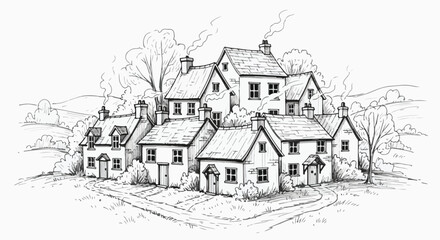 Obraz premium Hand Drawn Village Houses Illustration Vector Sketch Landscape