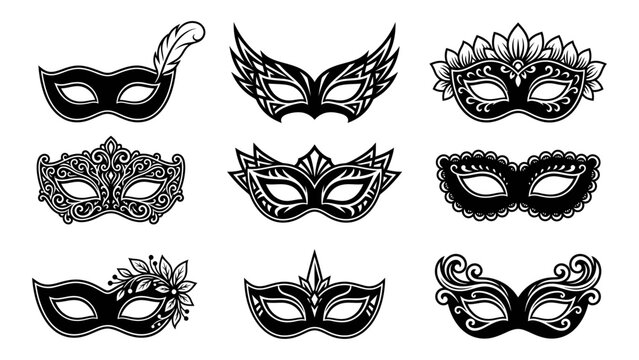 Masquerade mask vector icons set with ornate venetian carnival designs for party invitations and festival decorations