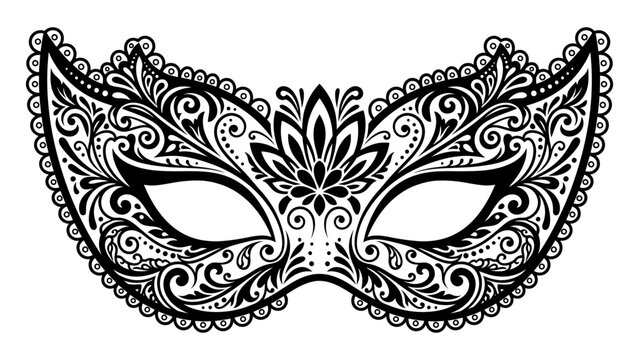 Ornate masquerade mask vector illustration with intricate black lace and floral filigree patterns for carnival or mardi gras design