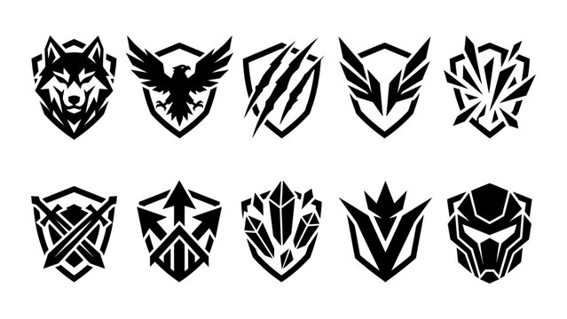 Black geometric shield icons set with wolf eagle swords and helmet designs for gaming crests and esports team logos