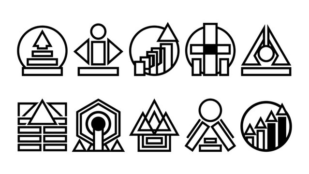Minimalist geometric icons set with abstract line art shapes including arrows triangles and circles for business logo design vector