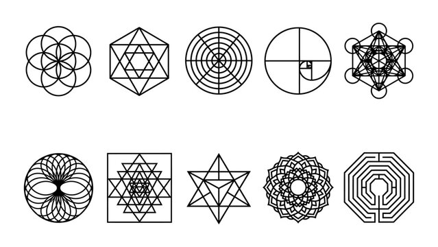 Sacred geometry vector icons set featuring flower of life metatrons cube fibonacci spiral sri yantra and labyrinth