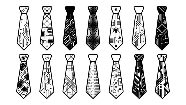 Technology necktie vector icons set with circuit board binary code and digital network patterns for IT business