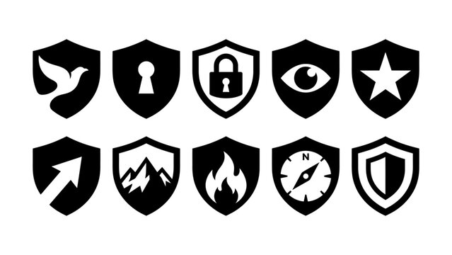 Vector shield icon set with security and protection symbols including padlock keyhole eye star fire compass and bird