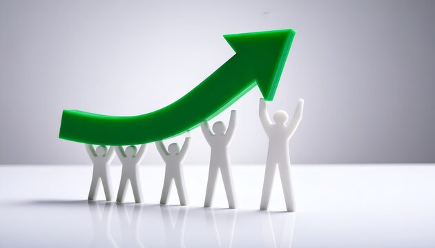 Teamwork and progress visualization featuring figures lifting a rising green arrow, representing unity, development, and business expansion.