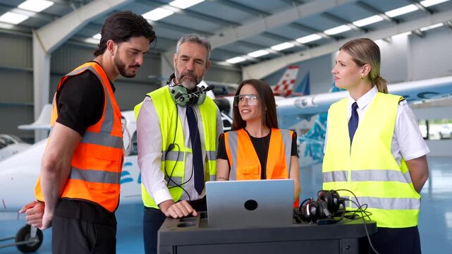 Aviation team discussing flight operations in hangar