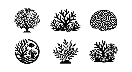 Coral Reef Silhouettes Black Vector Illustrations On White Background © Begum