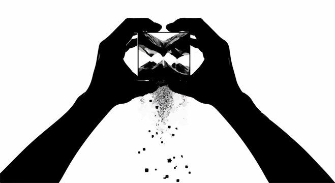 Silhouette hands holding hourglass with sand falling, symbolizing time passing