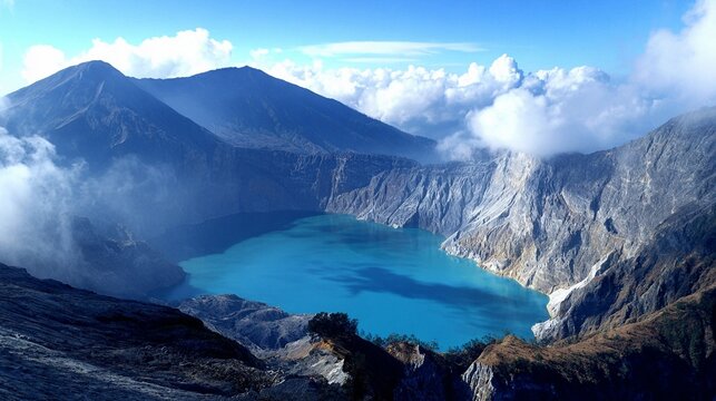 Vibrant blue volcanic caldera lake nestled within majestic mountains under a clear sky