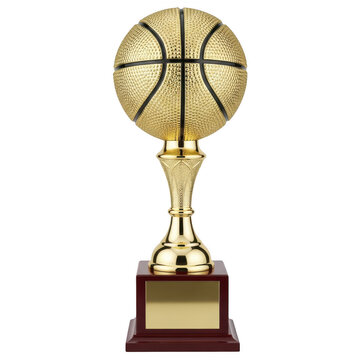 Golden basketball trophy on wooden base, shiny gold sports award for championship winner, metallic basketball prize isolated on white background