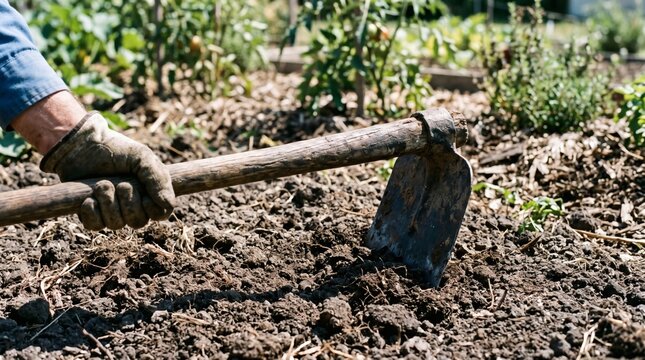 Gardeners hand wearing glove holding a hoe preparing soil for planting in a garden.