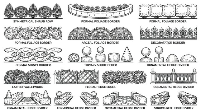 Set of garden hedge and shrub border elements, topiary and fence designs