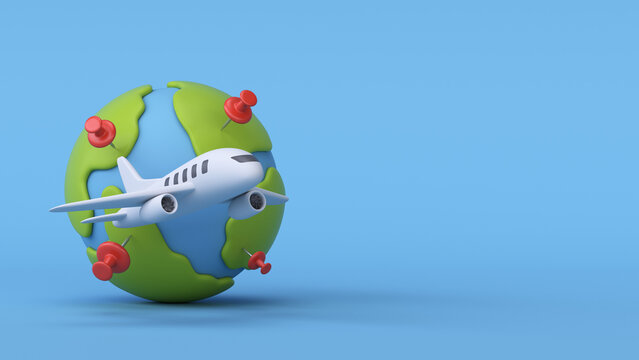3D travel concept, blue background with airplane and planet earth surrounded by white clouds
