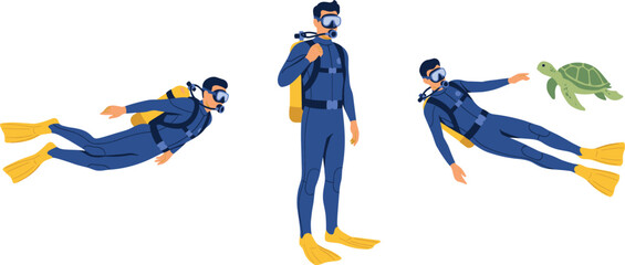 Scuba Diver Character Vector Collection Featuring Men Swimming Underwater Wearing Blue Wetsuits Yellow Flippers and Reaching out to Sea Turtle © MstAkhlima