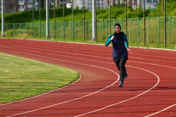 Fototapeta premium Muslim Woman Running on Outdoor Track in Hijab Training for Fitness and Athletic Performance