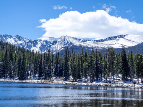 View of pine trees along the shore of Echo Lake with snow covered mountains as a backdrop in Rocky Mountains National Park, Colorado
