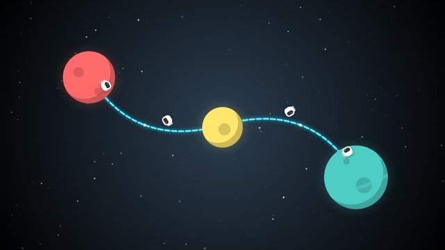 Three colorful planets connected by a glowing dotted trail in a dark starry space background