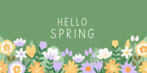Floral ornament with spring greeting on a muted green background © PabanBiswas