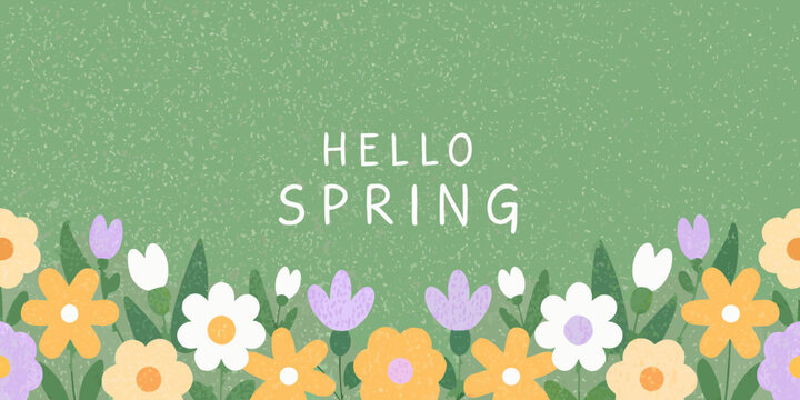 Floral ornament with hello spring text on a textured green background