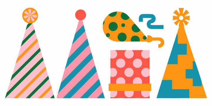 Party Hats And Gift Box Colorful Flat Vector Illustration On White Background