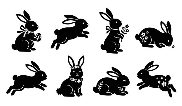Black silhouette bunny collection easter spring and decorative animal graphics