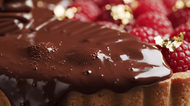 Melted chocolate pouring over fresh raspberry tart
