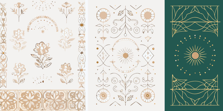 Floral ornament collection with art deco elements golden line work on beige