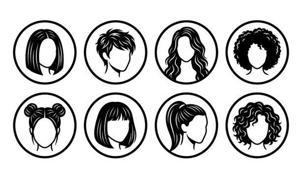 Eight black and white circular icons of women's hairstyles
