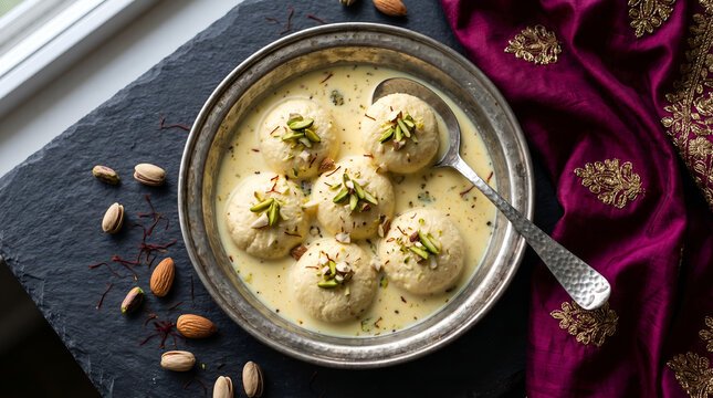 Traditional Indian Dessert Rasmalai Garnished with Pistachios and Almonds